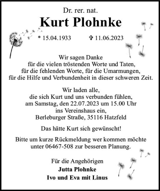 Traueranzeige von Kurt Plohnke von Hinterländer Anzeiger