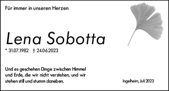 Traueranzeige von Lena Sobotta von Allgemeine Zeitung Bingen/Ingelheim