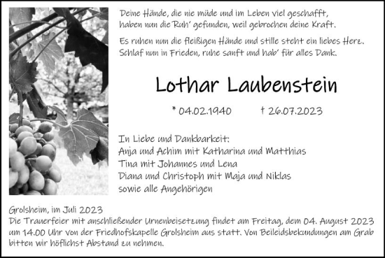 Traueranzeige von Lothar Laubenstein von Allgemeine Zeitung Bingen/Ingelheim