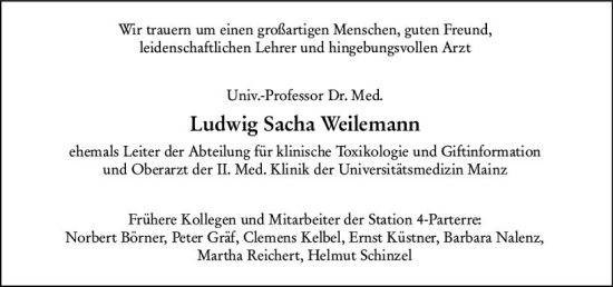 Traueranzeige von Ludwig Sacha Weilemann von Allgemeine Zeitung Mainz