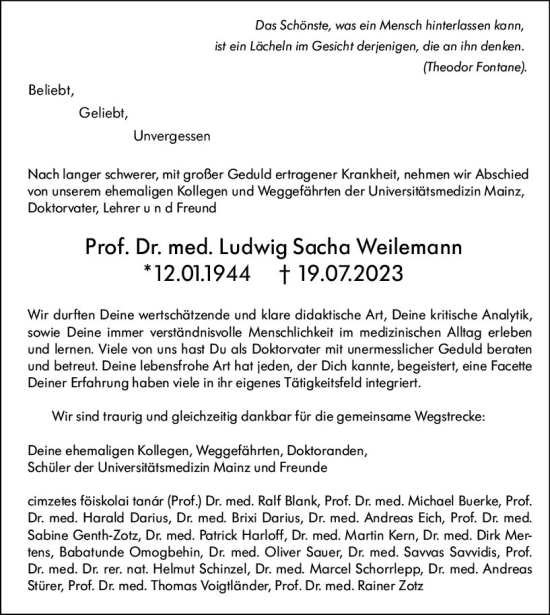Traueranzeige von Ludwig Sacha Weilemann von Allgemeine Zeitung Mainz
