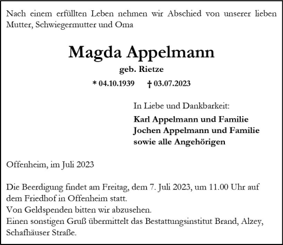 Traueranzeige von Magda Appelmann von Allgemeine Zeitung Alzey