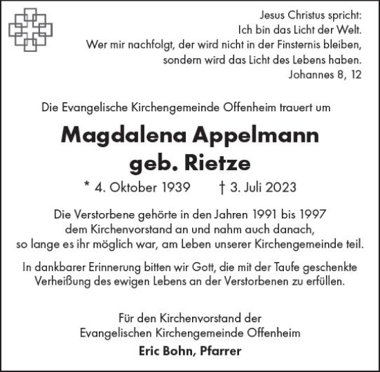 Traueranzeige von Magdalena Appelmann von Allgemeine Zeitung Alzey