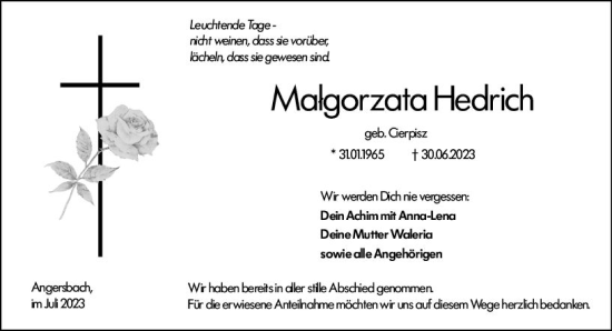 Traueranzeige von Malgorzata Hedrich von Oberhessen Kurier