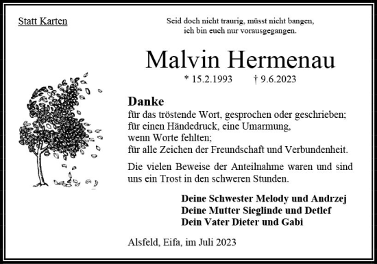 Traueranzeige von Malvin Hermenau von Oberhessen Kurier