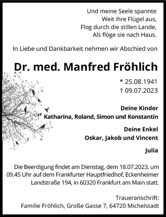 Traueranzeige von Manfred Fröhlich von Rüsselsheimer Echo