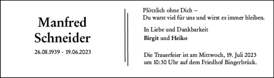 Traueranzeige von Manfred Schneider von Allgemeine Zeitung Bingen/Ingelheim