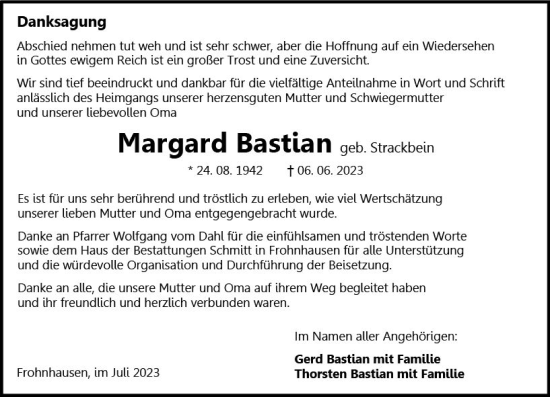 Traueranzeige von Margard Bastian von Dill Block