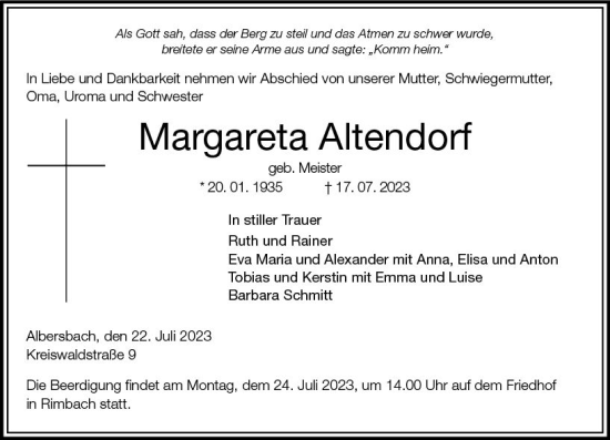Traueranzeige von Margareta Altendorf von Starkenburger Echo