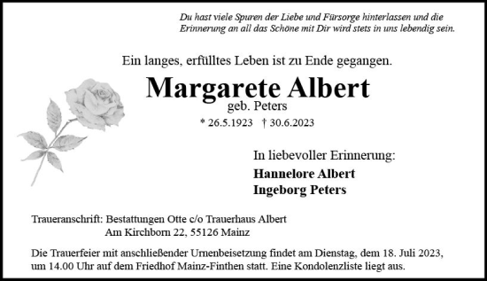 Traueranzeige von Margarete Albert von Allgemeine Zeitung Mainz