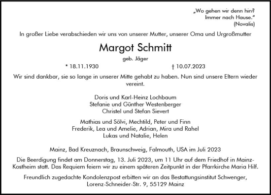 Traueranzeige von Margot Schmitt von Allgemeine Zeitung Mainz
