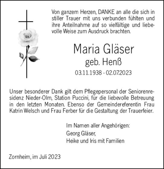 Traueranzeige von Maria Gläser von Allgemeine Zeitung Mainz
