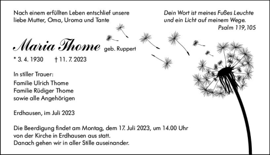 Traueranzeige von Maria Thome von Hinterländer Anzeiger