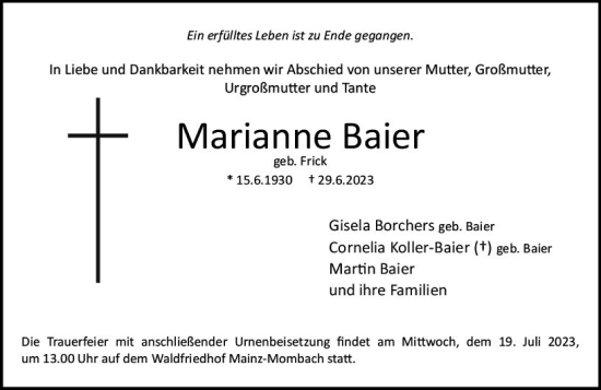 Traueranzeige von Marianne Baier von Allgemeine Zeitung Mainz
