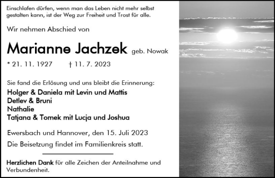 Traueranzeige von Marianne Jachzek von Dill Block