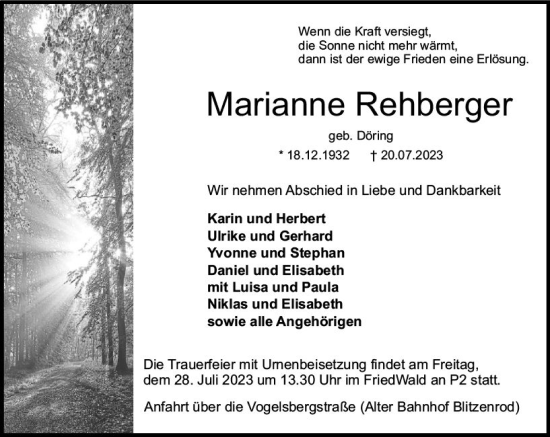 Traueranzeige von Marianne Rehberger von VRM Trauer