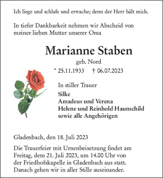 Traueranzeige von Marianne Staben von Hinterländer Anzeiger