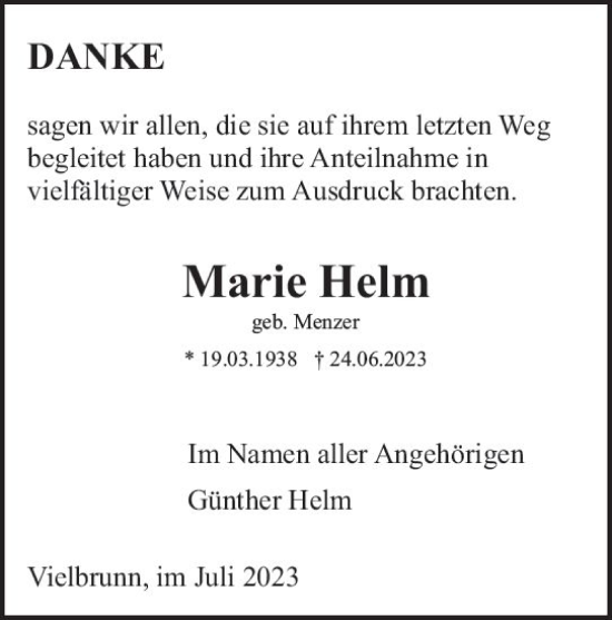 Traueranzeige von Marie Helm von Odenwälder Echo