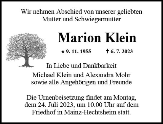 Traueranzeige von Marion Klein von Allgemeine Zeitung Mainz