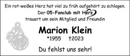 Traueranzeige von Marion Klein von Allgemeine Zeitung Mainz