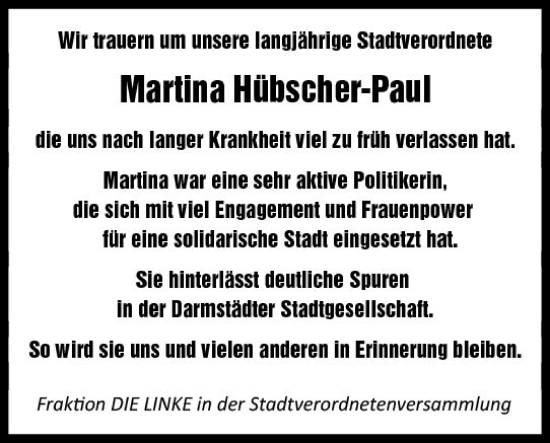 Traueranzeige von Martina Hübscher-Paul von Darmstädter Echo
