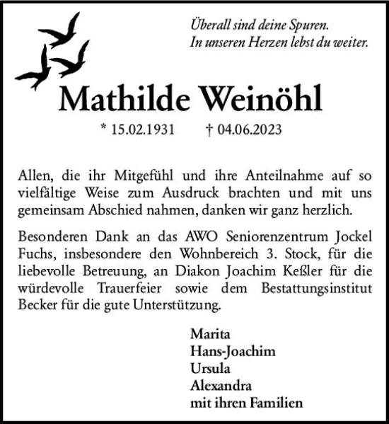 Traueranzeige von Mathilde Weinöhl von Allgemeine Zeitung Mainz