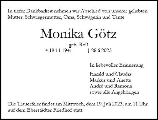 Traueranzeige von Monika Götz von Darmstädter Echo
