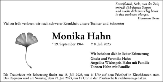 Traueranzeige von Monika Hahn von Starkenburger Echo