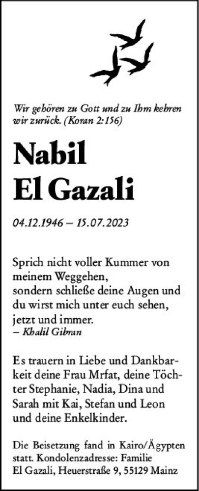 Traueranzeige von Nabil El Gazali von Allgemeine Zeitung Mainz