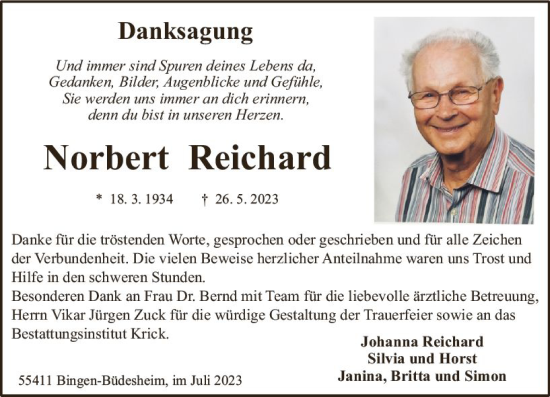 Traueranzeige von Norbert Reichard von Allgemeine Zeitung Bingen/Ingelheim