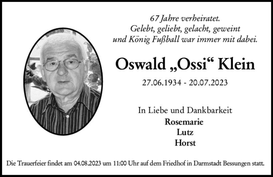 Traueranzeige von Oswald Klein von Darmstädter Echo
