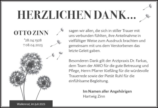 Traueranzeige von Otto Zinn von Oberhessen Kurier