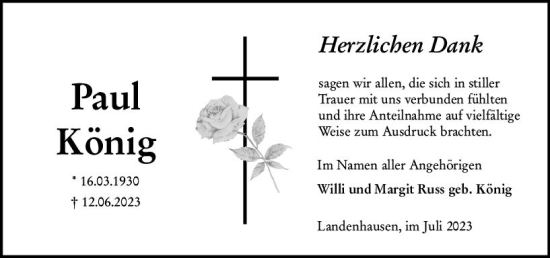 Traueranzeige von Paul König von Oberhessen Kurier