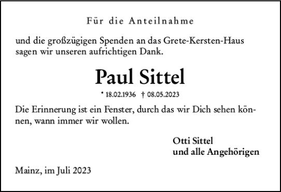 Traueranzeige von Paul Sittel von Allgemeine Zeitung Mainz