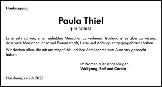 Traueranzeige von Paula Thiel von Allgemeine Zeitung Mainz