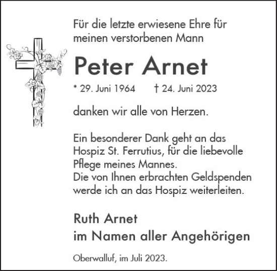 Traueranzeige von Peter Arnet von Wiesbadener Kurier
