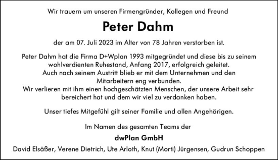 Traueranzeige von Peter Dahm von Darmstädter Echo