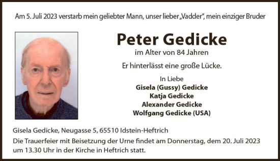 Traueranzeige von Peter Gedicke von Idsteiner Land/Untertaunus