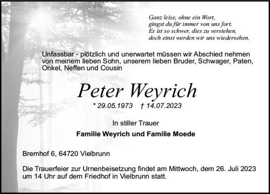 Traueranzeige von Peter Weyrich von Odenwälder Echo