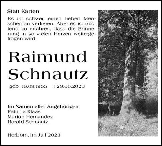 Traueranzeige von Raimund Schnautz von Dill Block