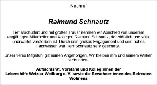 Traueranzeige von Raimund Schnautz von Weilburger Tageblatt