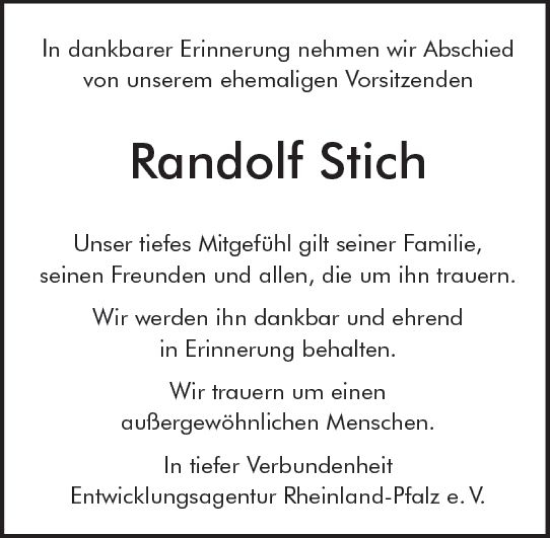 Traueranzeige von Randolf Stich von Allgemeine Zeitung Bad Kreuznach