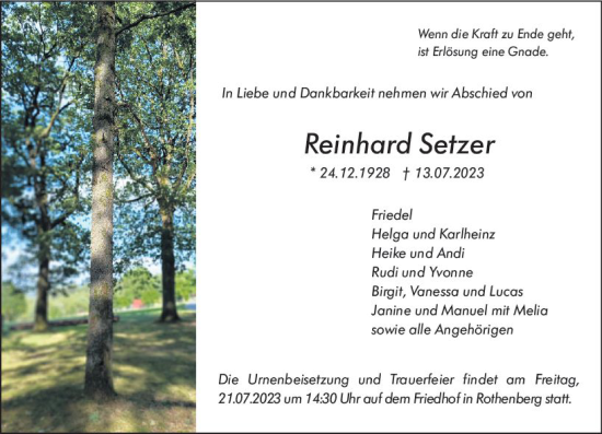 Traueranzeige von Reinhard Setzer von Odenwälder Echo