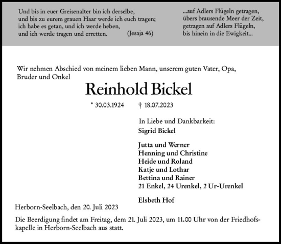 Traueranzeige von Reinhold Bickel von Dill Block