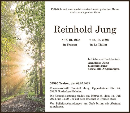 Traueranzeige von Reinhold Jung von Allgemeine Zeitung Bad Kreuznach
