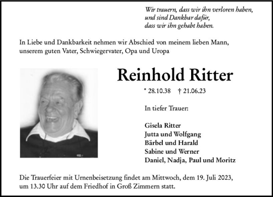 Traueranzeige von Reinhold Ritter von Dieburger Anzeiger/Groß-Zimmerner Lokal-Anzeiger