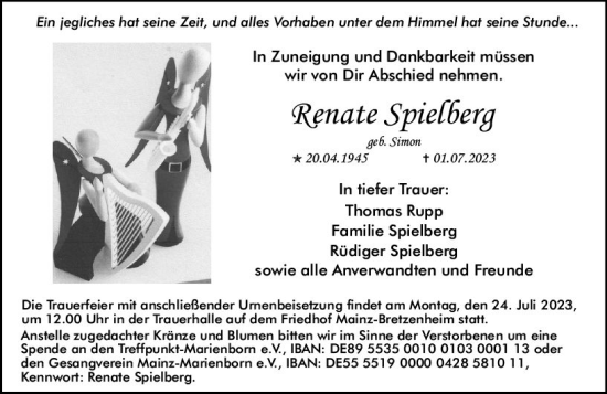 Traueranzeige von Renate Spielberg von Allgemeine Zeitung Mainz