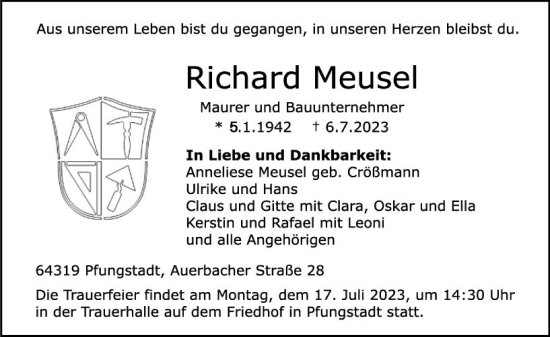 Traueranzeige von Richard Meusel von Darmstädter Echo