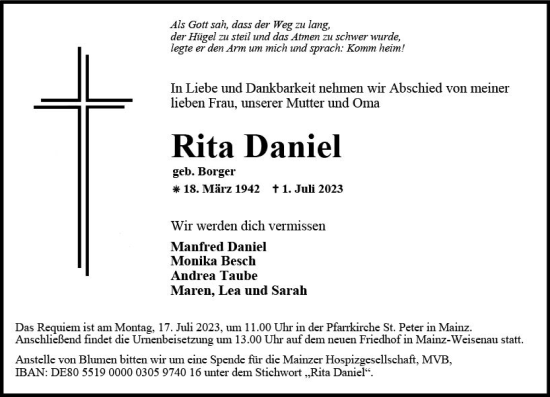 Traueranzeige von Rita Daniel von Allgemeine Zeitung Mainz
