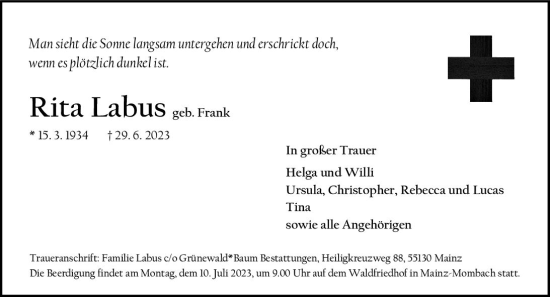 Traueranzeige von Rita Labus von Allgemeine Zeitung Mainz